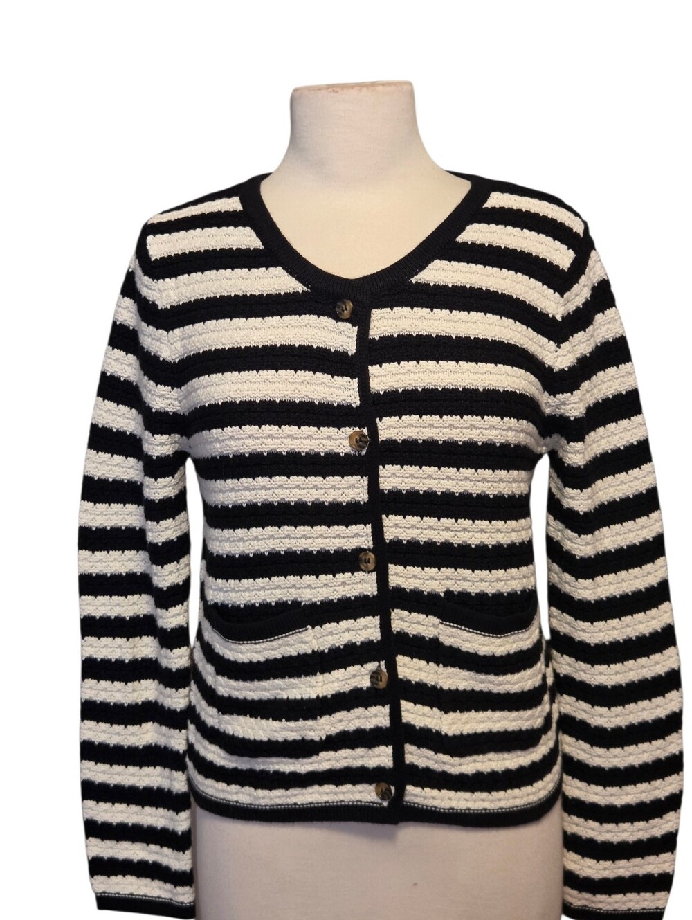 Koko & Mason Black & White Striped Knit Cardigan Sweater